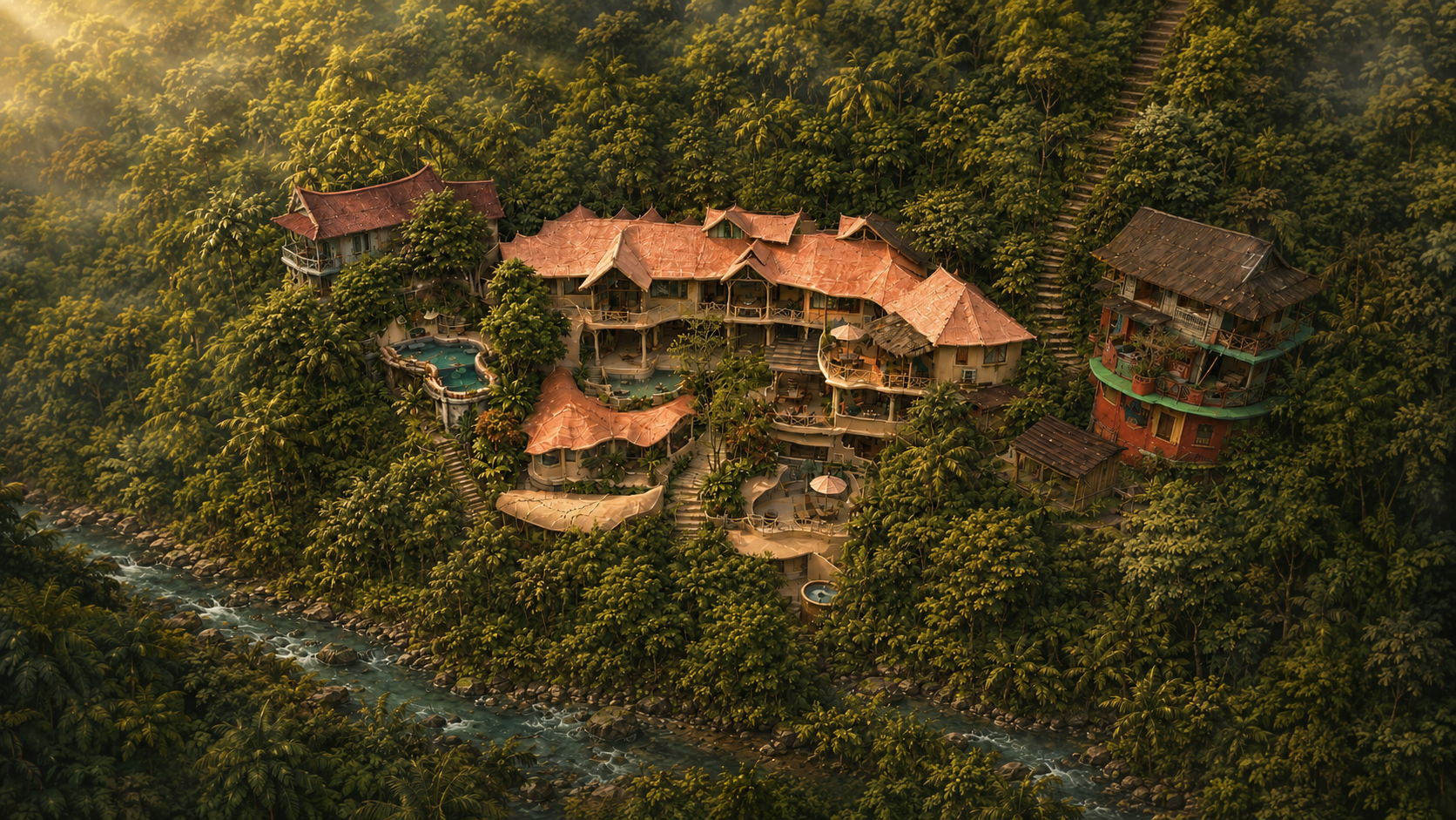 Aerial view of Sacred Mandala's hand-built villas terraced into the Ubud jungle hillside