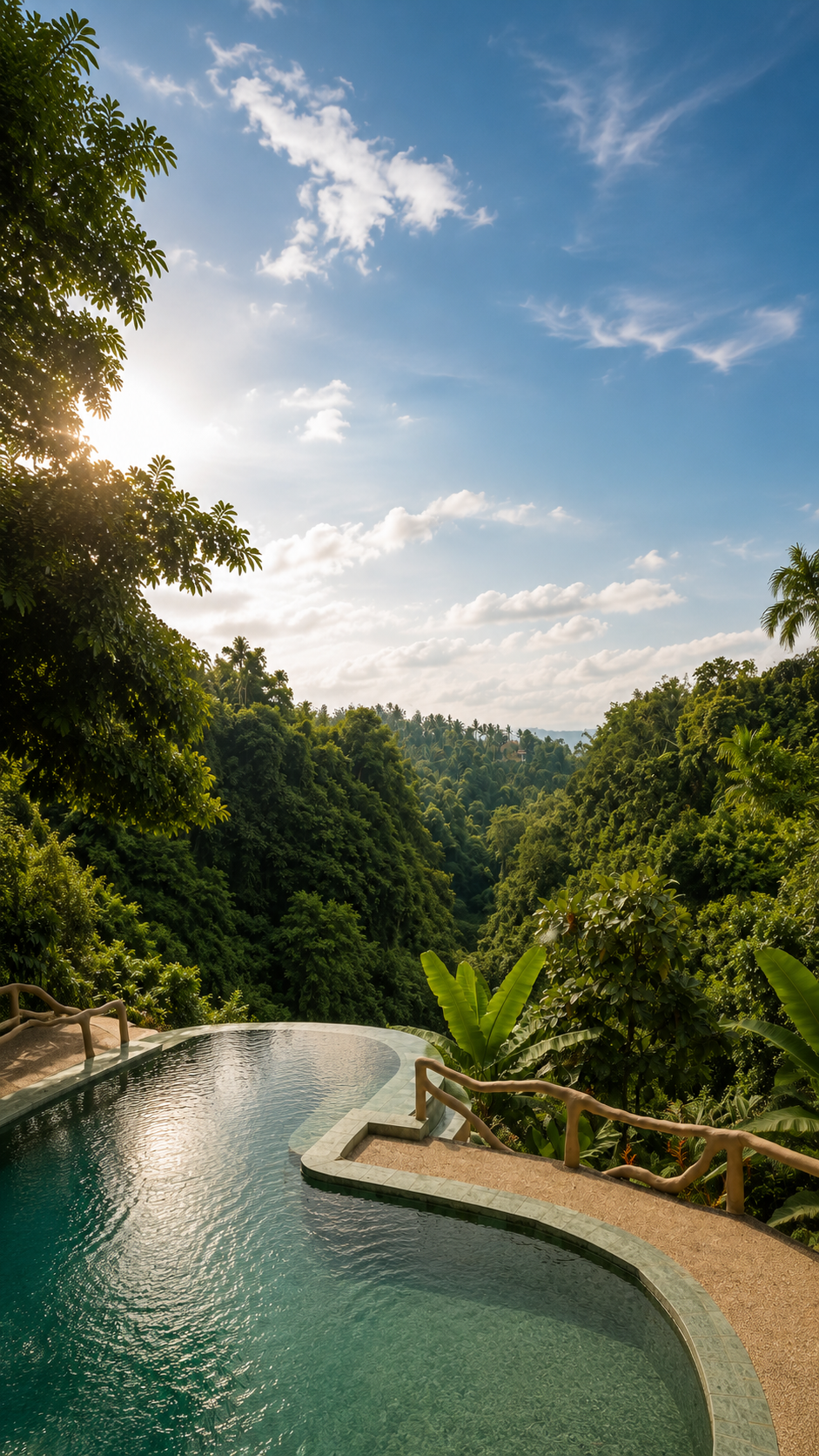 Infinity pool and open-air pavilion overlooking the jungle river at Sacred Mandala, Ubud